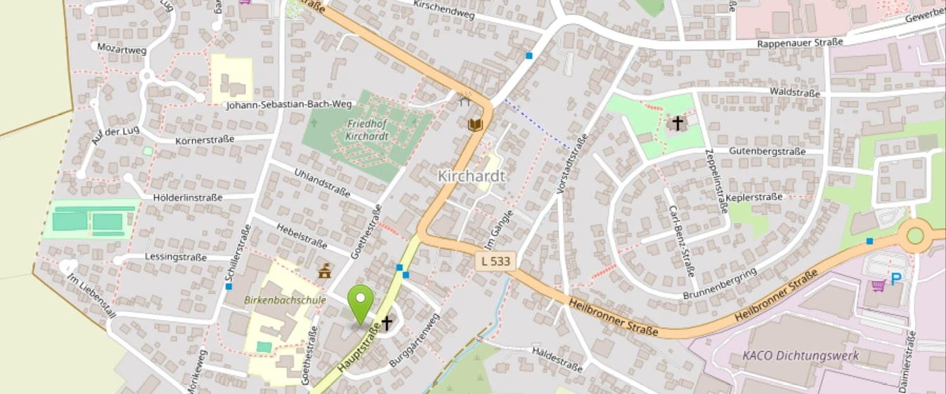 OpenStreetMap-Kartenausschnitt von Kirchardt mit Markierung der Praxis in der Hauptstraße 72